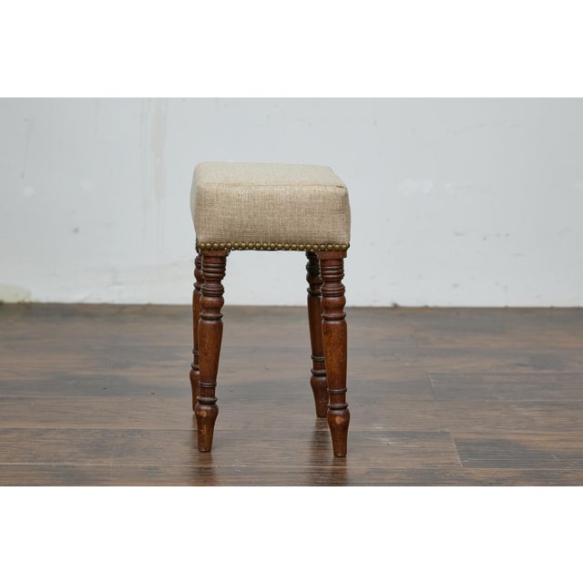 19th Century English Petite Oak Stool with Unique Top and Linen Upholstery For Sale - Image 9 of 9