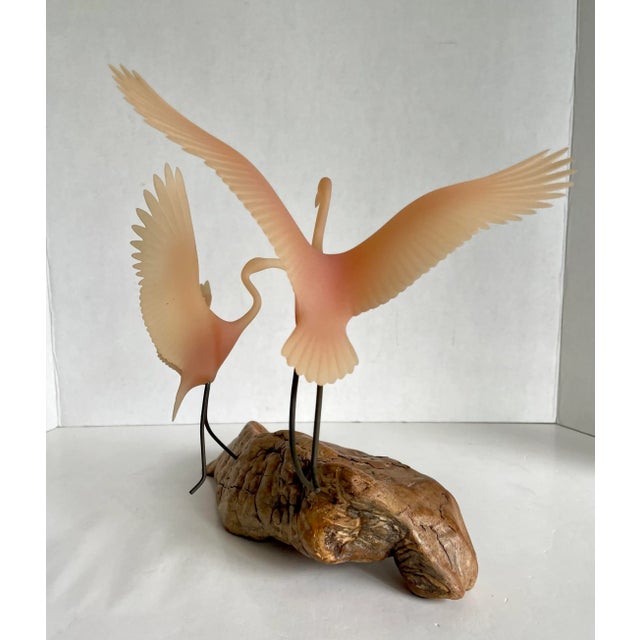 Wood 1980's John Perry Pink Flamingos Sculpture on Burlwood For Sale - Image 7 of 11