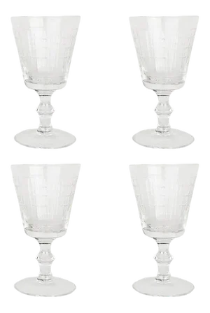 Set of 4 Antique Etched Crystal Stemmed Glasses