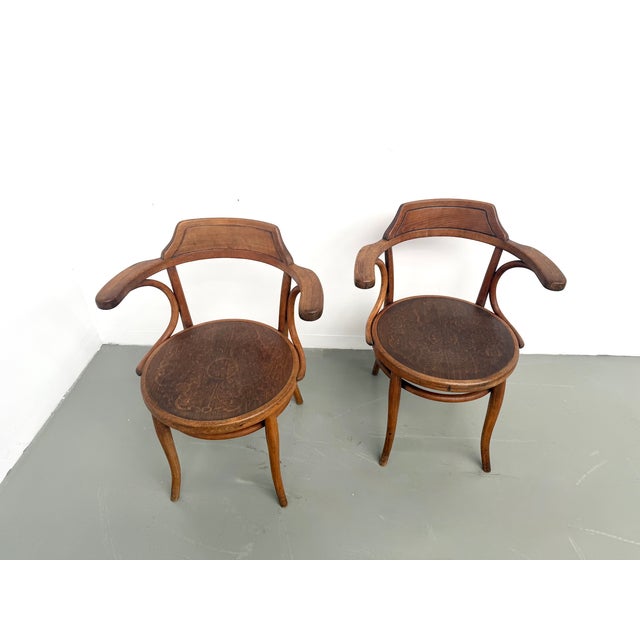 Bent Beechwood Desk Chairs with Pyrographed Seats from Thonet, 1930s, Set of 2 For Sale - Image 17 of 17