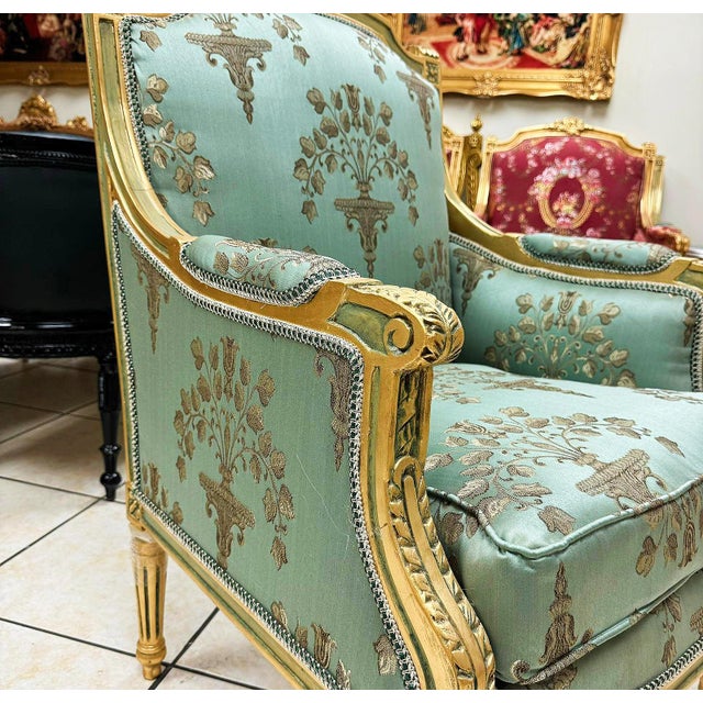 Textile French Louis XV Bergère Wing Chair – Blue-Green Designer Damask With Gold Details For Sale - Image 7 of 8