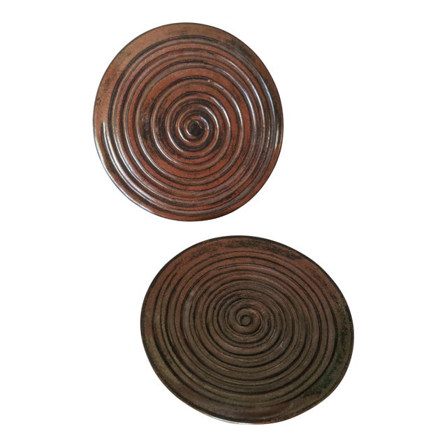 Studio Pottery Metallic Coiled Earthenware Candle Dishes- Set of 2 For Sale