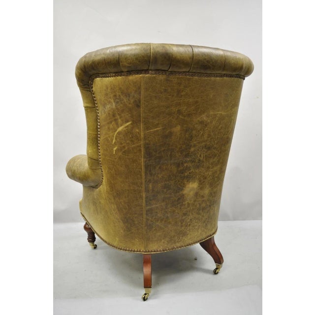 Lillian August Brown Green Leather Chesterfield Club Lounge Chair & Ottoman For Sale - Image 10 of 12