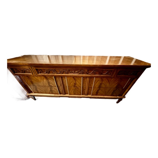 J.L. Metz French Walnut Art Deco / Noveau Revival Longboy Dresser 1967 For Sale