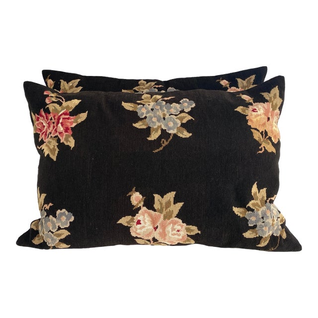 French Aubusson Needlepoint Floral Oversized Pillow Shams For Sale