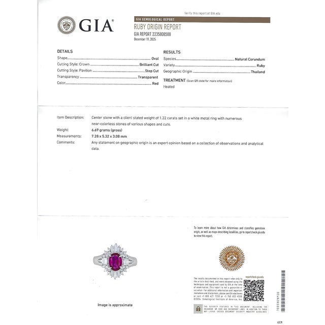 Title: Fine 1.22ct GIA Certified Ruby & 0.54ct Diamond Platinum Ring, Size 4.75 Age/Markings: Estate, weights marked...