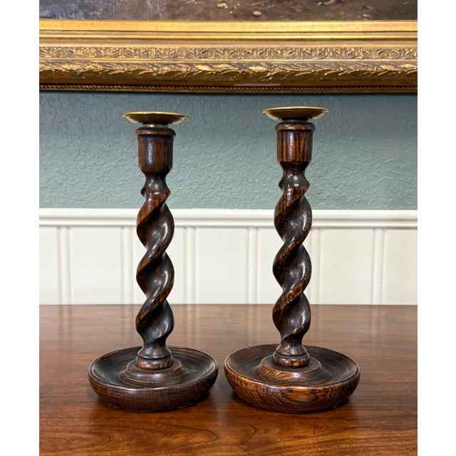 CHARMING Pair of Antique English Oak BARLEY TWIST Candlesticks Candle Holders c. 1930s Beautiful twist with nice oak...