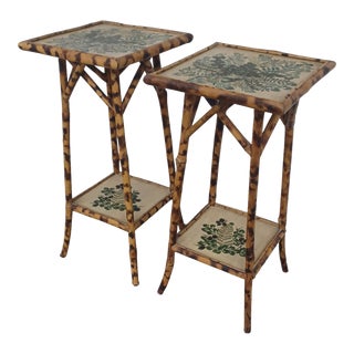 Mid 20th Century Vintage Pair of Burnt Bamboo 2 Tier Side Tables - a Pair For Sale