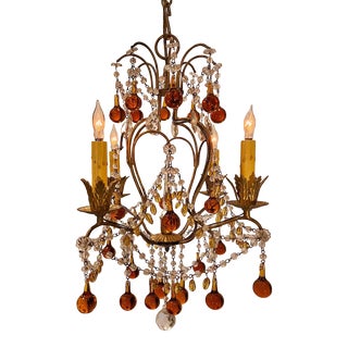 Gilt-Brass Cage-Form Crystal 4-Light Chandelier, Italy, Circa:1950 For Sale
