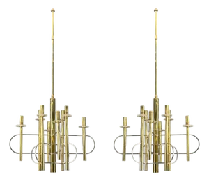 Pair of Gaetano Sciolari Attributed Brass, Metal, Glass, Pendant Lights, Italy, 1970s