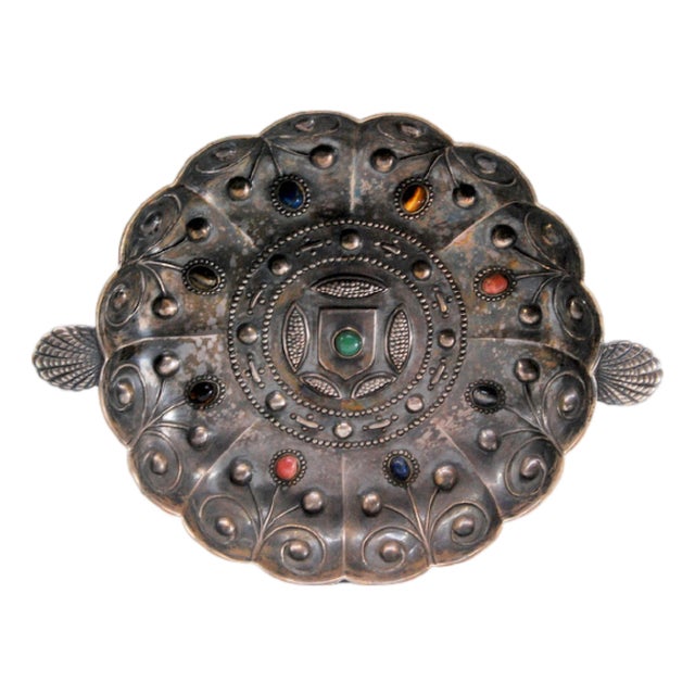 Silver Tray with Inlaid Colored Stones and Shell-Shaped Raised Handles For Sale