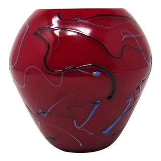 Abstract Hand-Blown Red Glass Vase With Drizzled Decoration For Sale