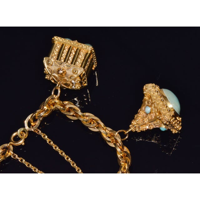 Etruscan Revival Estate Italian Unoaerre Etruscan Revival Solid 18k Gold Turquoise Carnelian Charm Fob Bracelet For Sale - Image 3 of 17