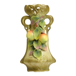 Art Nouveau Julius Strnact Majolica Vase With Green Apples, Bohemia For Sale