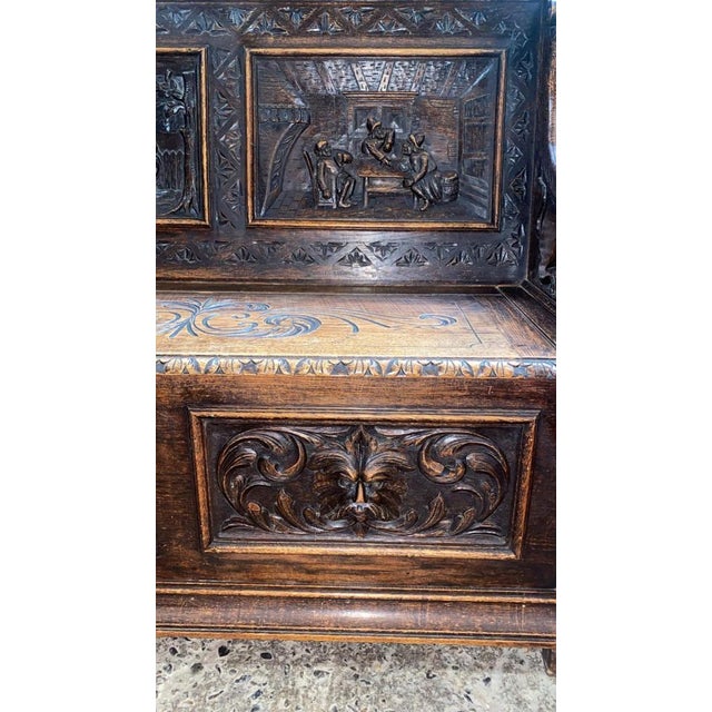 Wood French Renaissance Revival Carved Oak Hall Monks Bench with Lion Masks, 1860s For Sale - Image 7 of 15