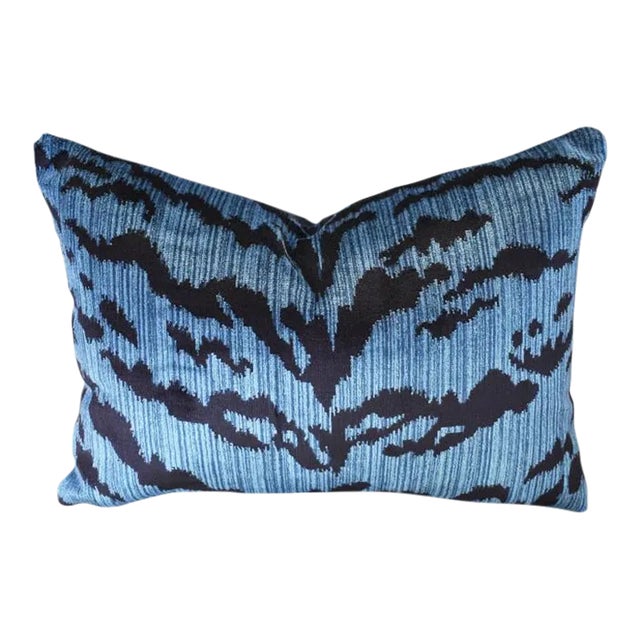 Animalia Tiger Print Down Filled Lumbar Pillow in Navy Blue and Black For Sale