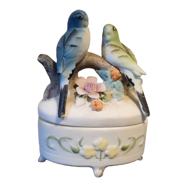 Lefton Bisque Porcelain Parakeet Trinket Box For Sale