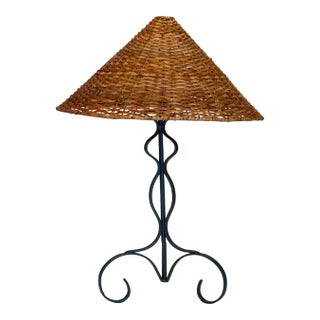 Green Patinated-Metal Table Lamp, With Rattan Shade For Sale