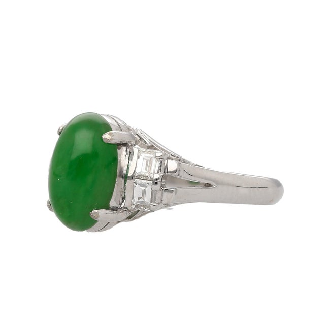 2000 - 2009 Certified 2.69 Carat Oval Bright Green Untreated a Jadeite Jade Platinum Ring Size 4 For Sale - Image 5 of 6