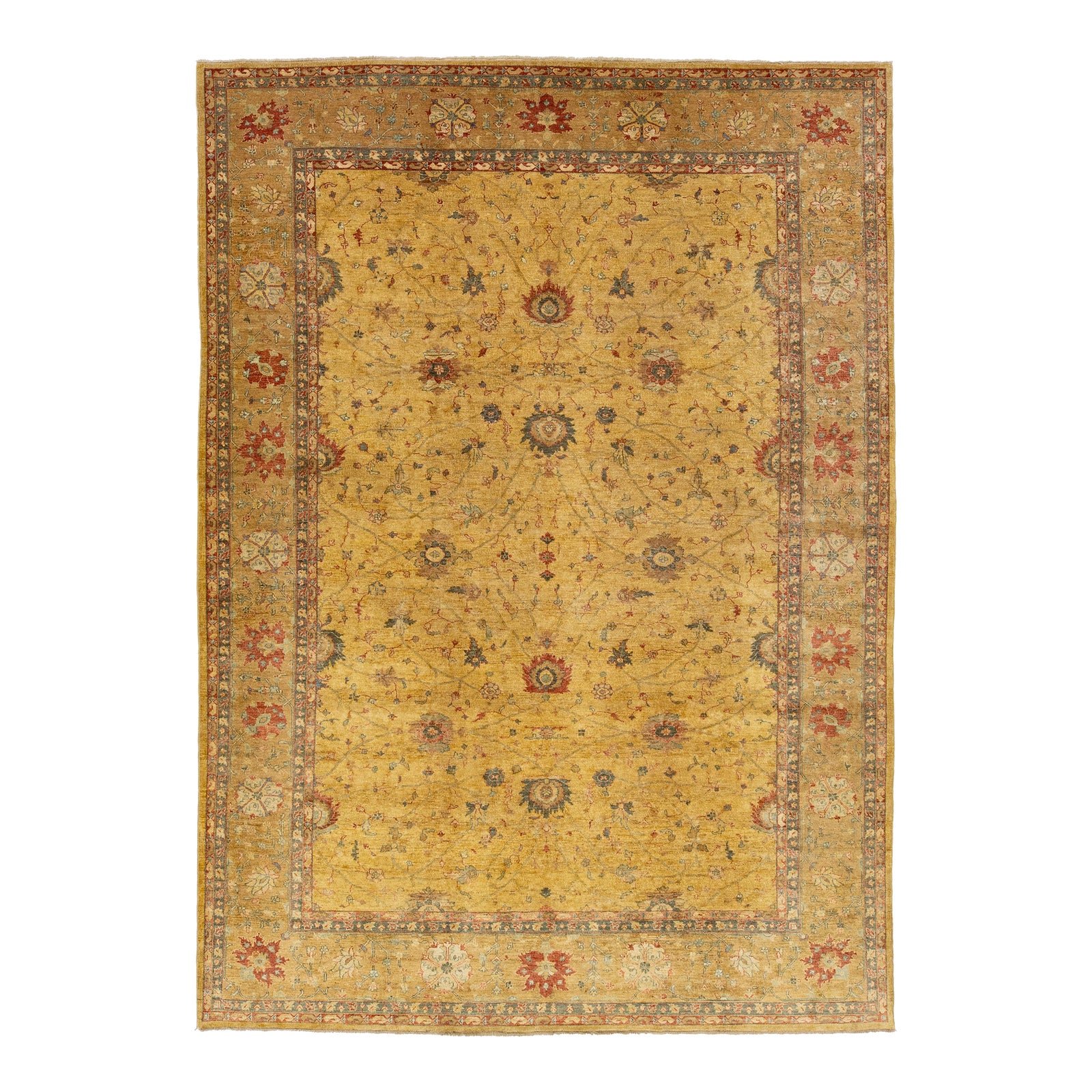 Paki Peshawar Handmade Wool Rug in Goldenrod With Floral Design | Chairish