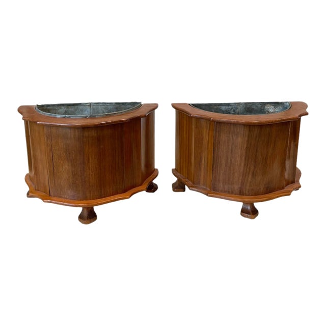 Vintage English Carved Cachepot With Metal Inserts. For Sale