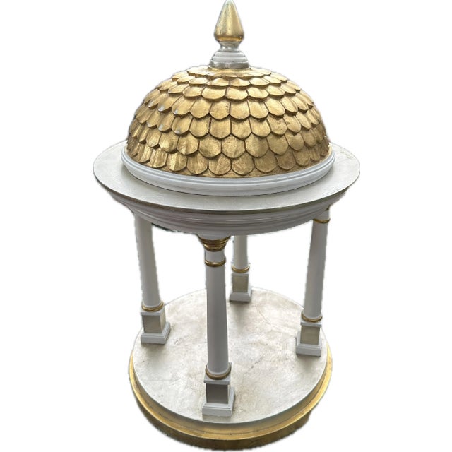 An elegant tempietto style gazebo model with a gilt romanesque tile dome. Wood structure that is painted white. Supported...