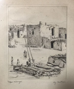 Vintage Etching of Hopi Village by Kiva H. Fortier