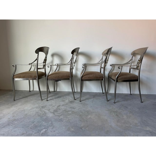 Vintage Neoclassical-Style Brushed Steel and Brass Dining — Set of 5/ Sold For Sale - Image 4 of 12
