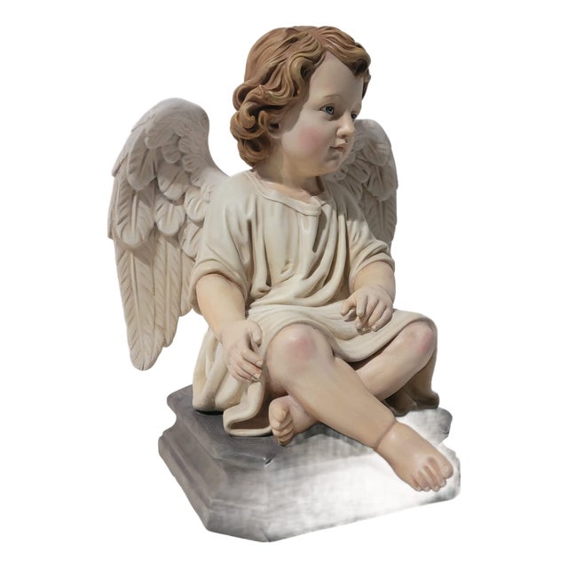 Seated Cherub Angel on a Pedestal | Chairish
