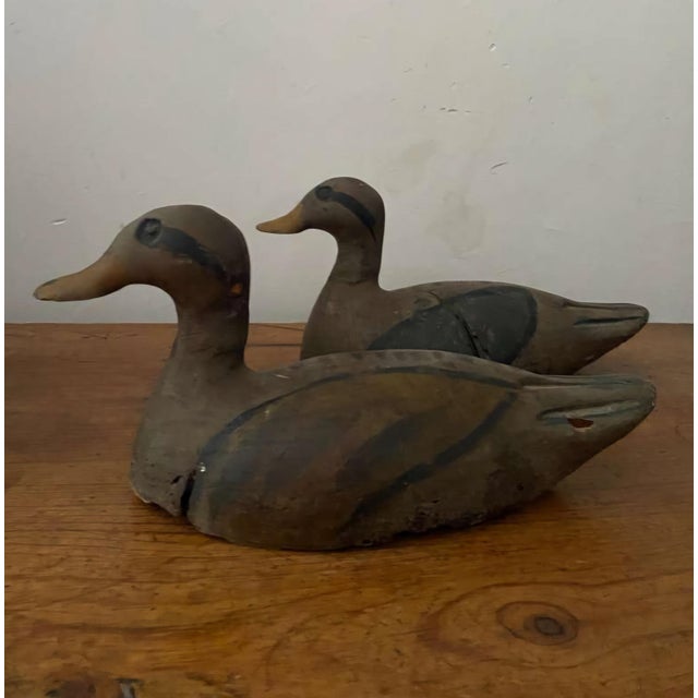 Pair of Hand-Carved Painted Wooden Duck Decoys, Traditional Hunting Lures, Early 20th Century. For Sale - Image 4 of 5