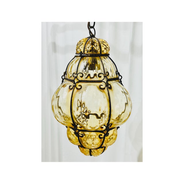Vintage Mid Century Era Murano Caged Glass Pendant Lantern Attributed to Seguso, Amber Glass For Sale - Image 9 of 9