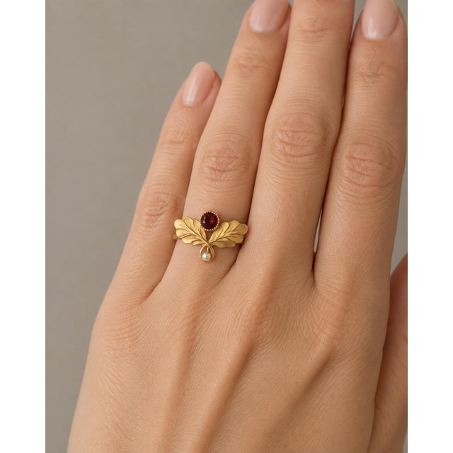Art Nouveau–Inspired Garnet and Pearl Botanical Ring in 14k Gold, Size 7.5 For Sale - Image 6 of 6