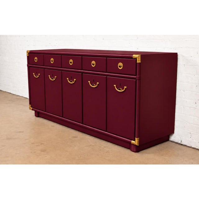 Campaign Professionally Refinished 1970s Drexel Accolade Campaign Buffet / Sideboard - Custom Luxurious Wine Burgundy For Sale - Image 3 of 10