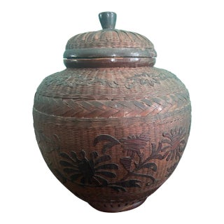 Antique Chinese Handwoven Bamboo Lidded Jar With Floral Decoration, Early 20th Century For Sale
