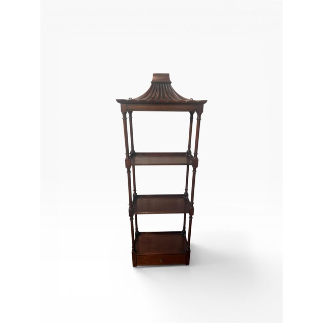 Wood Late 20th Century Asian-Inspired Pagoda Top Wall-Mounted Hanging Étagère / Display Shelf in Mahogany With Drawer For Sale - Image 7 of 12