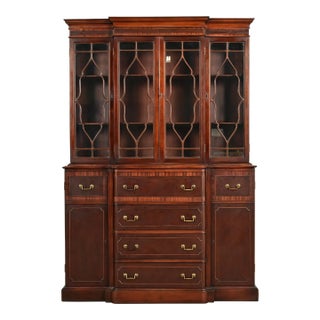 Baker Furniture Style Georgian Banded Mahogany Breakfront Bookcase Cabinet With Drop Front Secretary Desk For Sale