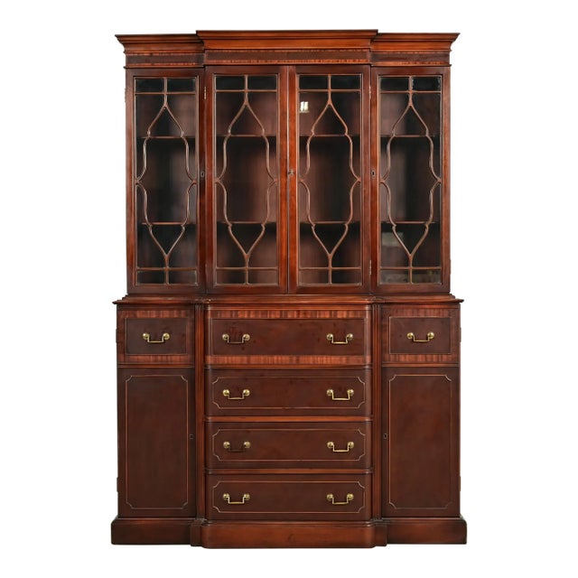 Baker Furniture Style Georgian Banded Mahogany Breakfront Bookcase Cabinet With Drop Front Secretary Desk For Sale