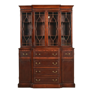 Baker Furniture Style Georgian Banded Mahogany Breakfront Bookcase Cabinet With Drop Front Secretary Desk