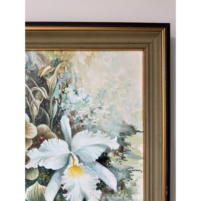 1970’s Vintage Tropical Botanical Orchid Landscape Oil on Canvas Painting, Framed For Sale In Miami - Image 6 of 12