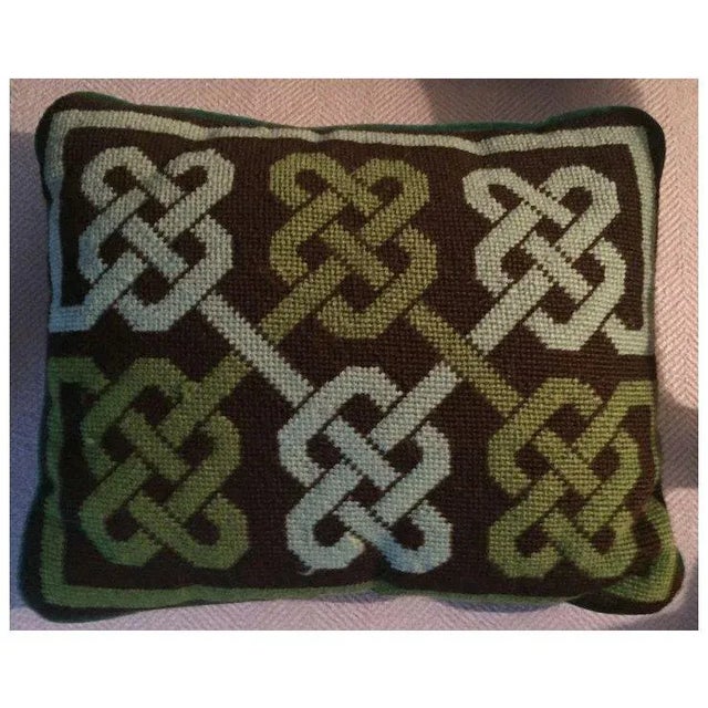 Vintage Needlepoint Wool Pillow With Geometric Knot Design in Shades of Green and Brown For Sale - Image 9 of 10