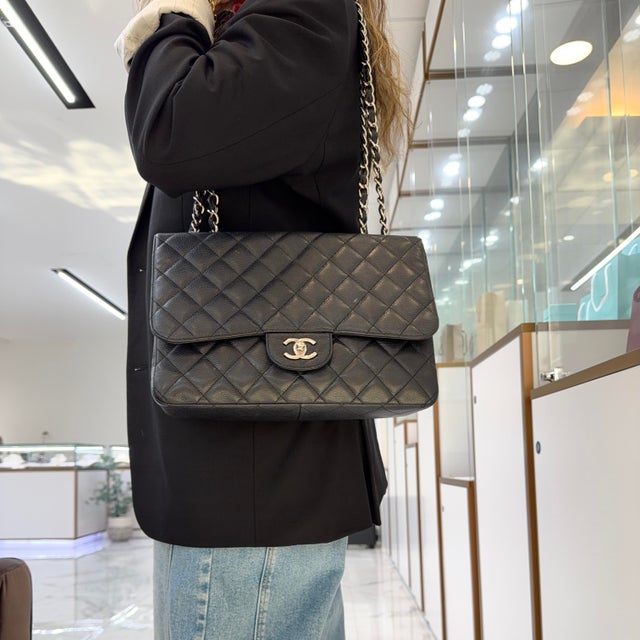 Chanel Jumbo Classic Double Flap 30cm Black Caviar Silver Hw For Sale - Image 11 of 11
