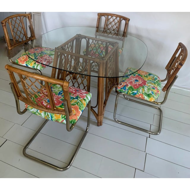 Mid-Century Modern 1970s Vintage Bamboo and Rattan Trellis Table With 4 Cantilever Chairs - 5 Pieces For Sale - Image 3 of 10