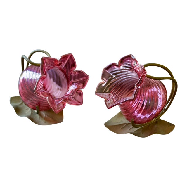Thomas Webb Victorian Cranberry Glass Flower Salt Cellar Pair – English Antique Glass With Metal Mounts For Sale
