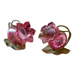 Thomas Webb Victorian Cranberry Glass Flower Salt Cellar Pair – English Antique Glass With Metal Mounts