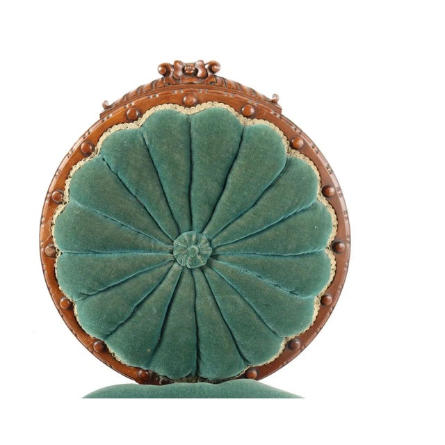 19th Century 19th Century Victorian Mahogany Carved Balloon Back Emerald Velvet Chair on Casters- So Charming! For Sale - Image 5 of 8