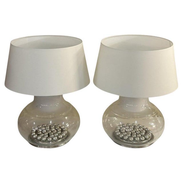 Pair of large italian 1970's mushroom shape murano table lamps by selenova. The table lamps are composed from large hand...