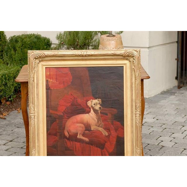 Wood English Late 19th Century Vertical Oil Painting of a Dog Sitting in an Armchair For Sale - Image 7 of 10