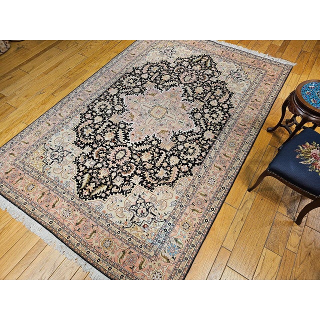 Textile Fine Persian Tabriz Rug, Hand-Knotted Wool & Silk, Geometric Heriz Pattern, Black & Ivory, 7x10 For Sale - Image 7 of 17