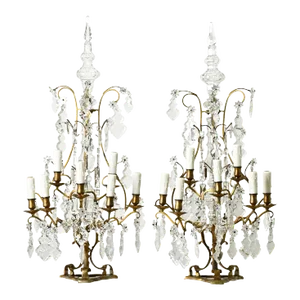 Large French 19th Century Brass & Crystal Girandole Lamps - A Pair