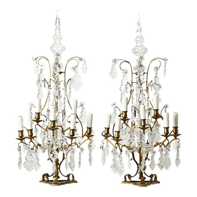 Large French Brass & Crystal Girandole Lamps - A Pair For Sale